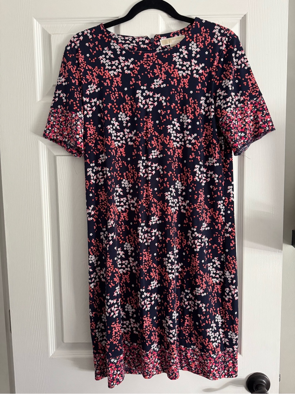 Michael Kors Navy Floral Midi Shift Dress with Pink and White Blossoms